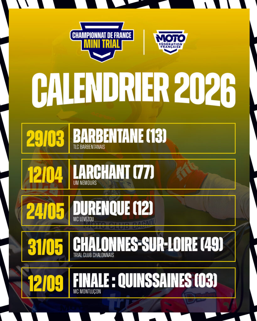 Calendrier 2026 Championnat de France Mini Trial